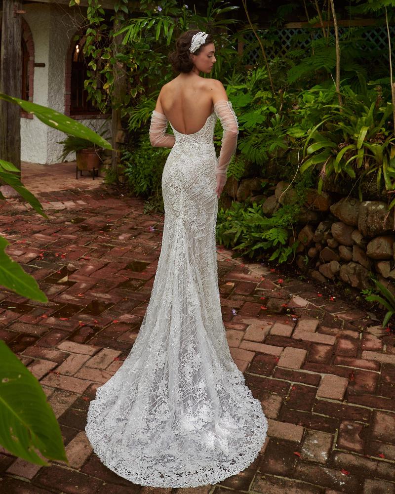Lp2316 strapless sheath wedding dress with sleeves off the shoulder2